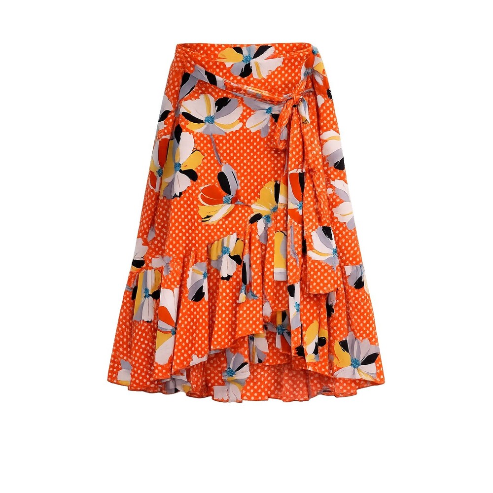 CAbi Womens Wrap Ruffle Skirt Medium Orange Floral Polka Dot Boho Cottagecore
